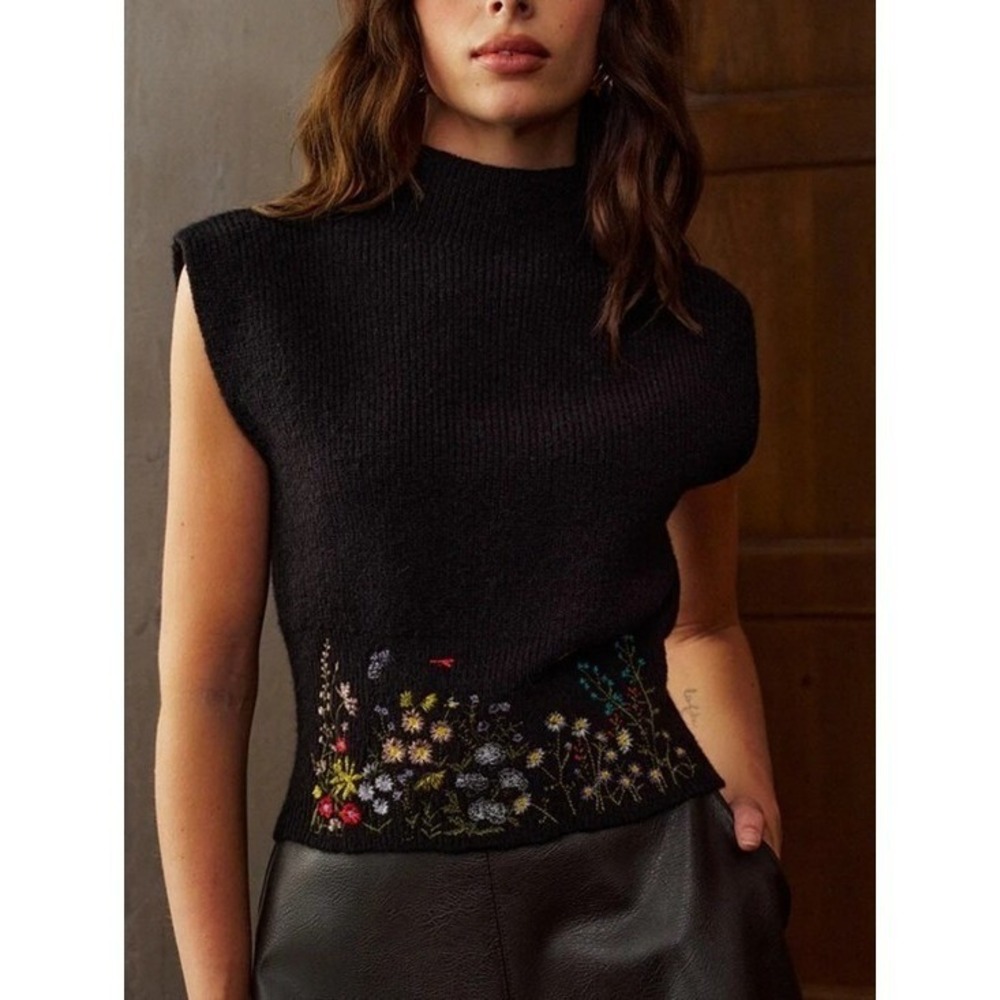 Commense NEW Black Embroidered Mock Neck Floral Sweater Vest Top SZ XL Parisian
